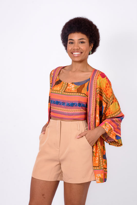 Cropped + Kimono Arara Azul Tais